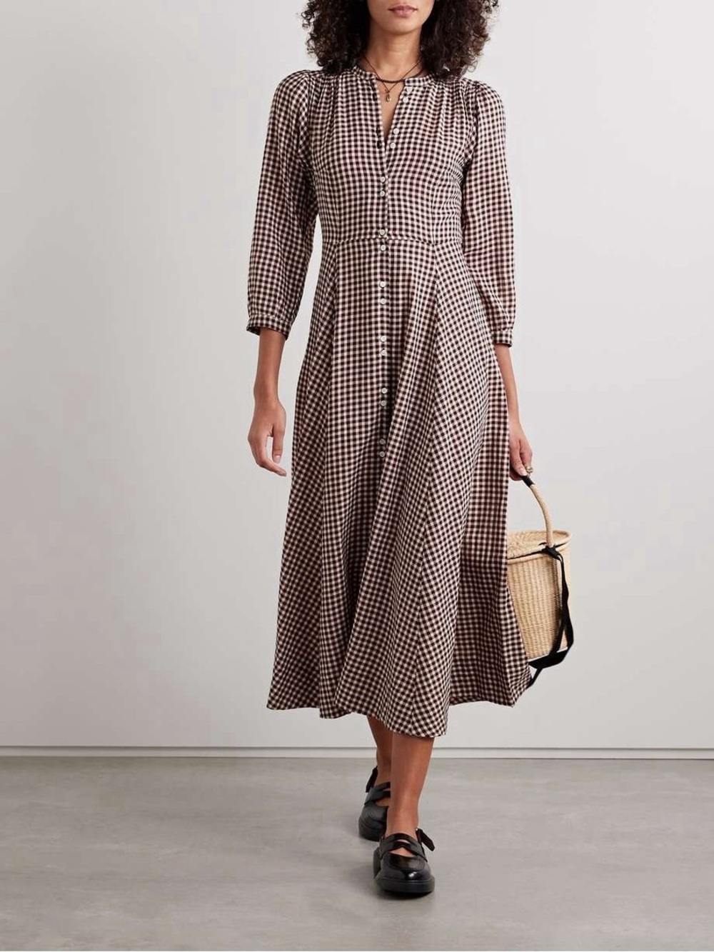 Doen Madelaine Brown Long Sleeve Gingham Maxi Dress NWT